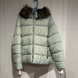 Maralyn & Me Light Green Puffer Jacket with Faux Fur Collar
